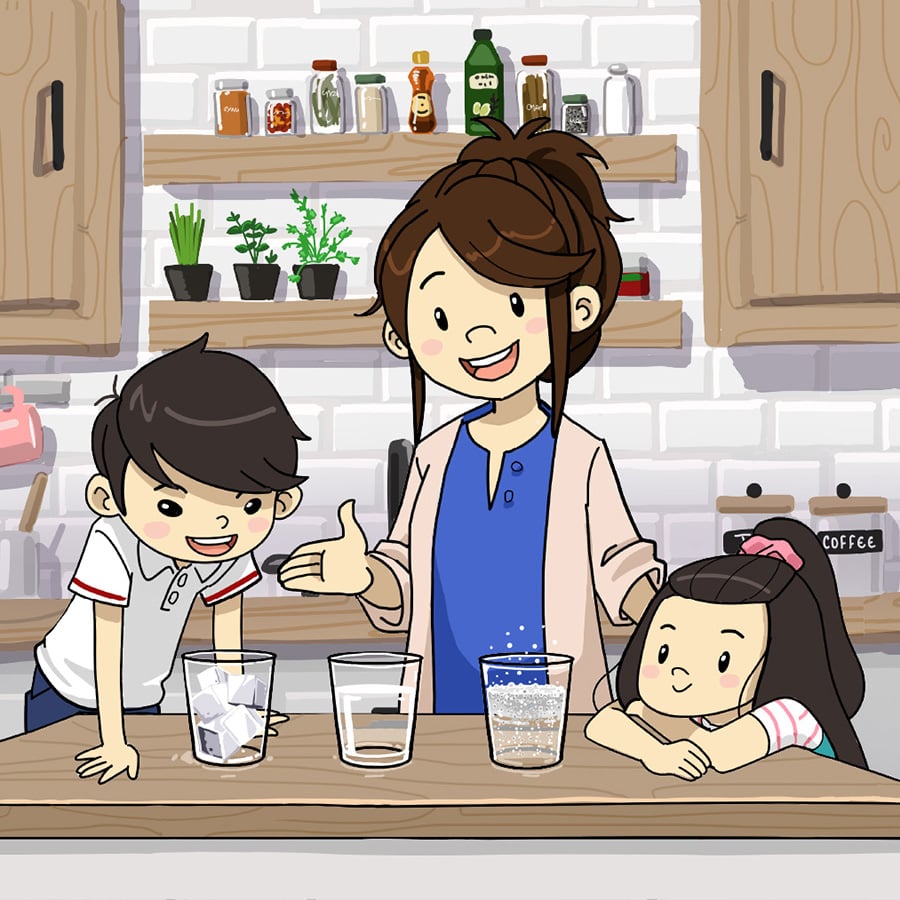 Illustration of a mom with her two children observing glasses of water in different phase states of ice, liquid, and boiling off steam.