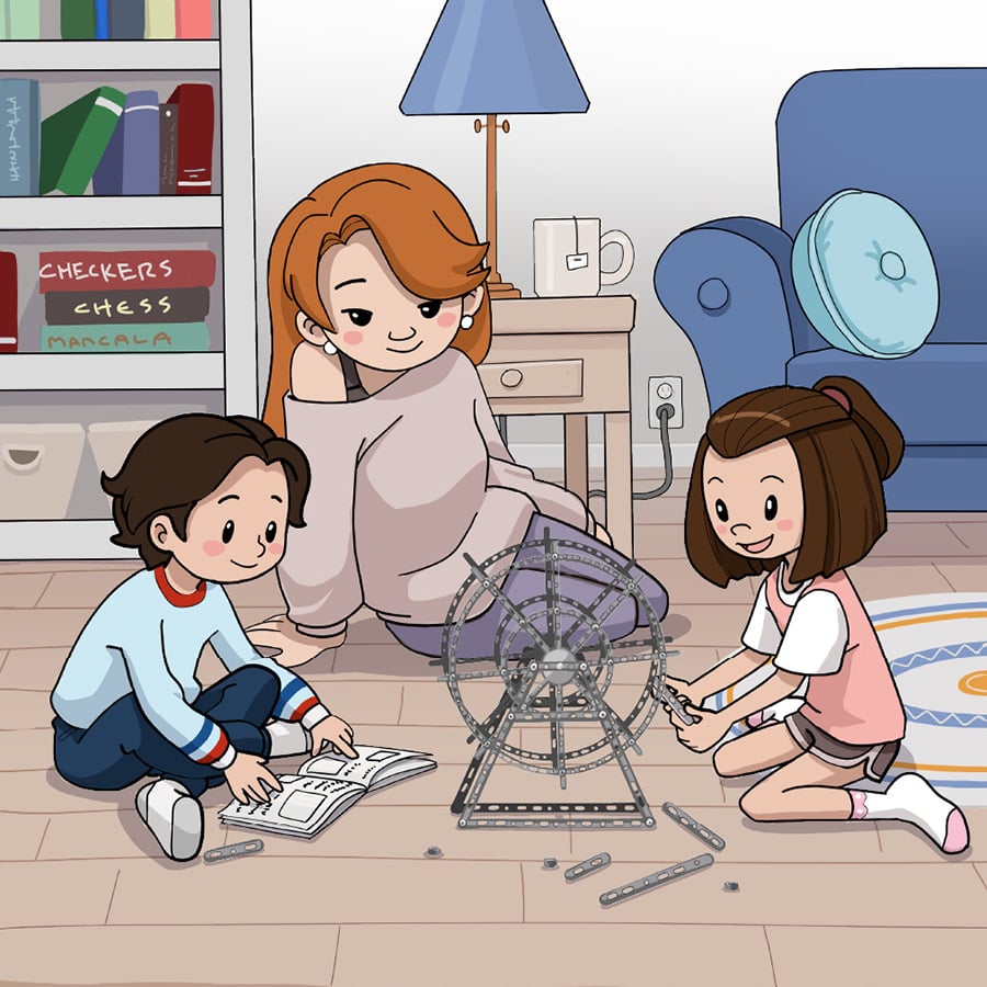 Illustration of a mom with her son and daughter constructing a tower together.