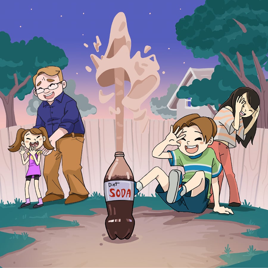 Illustration of a family in their backyard celebrating over their soda geyser experiment.