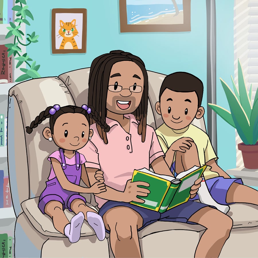 Illustration of a man with his daughter and son reading a book titled, Space.