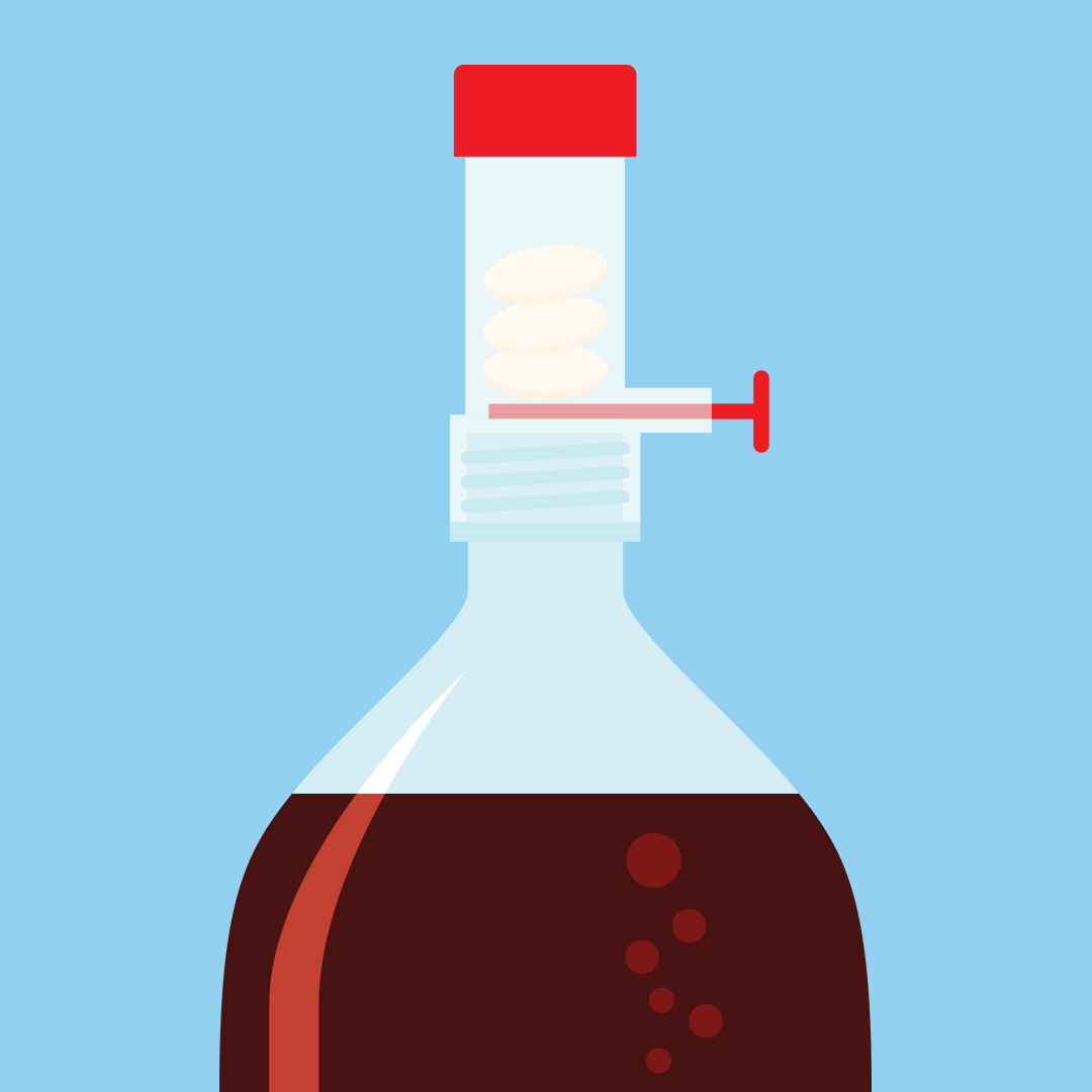 Schematic drawing of a cola bottle with a Geyser Tube screwed to the top. The Geyser Tube holds Mentos in place above the bottle until a pin is pulled to drop that all at once into the bottle.